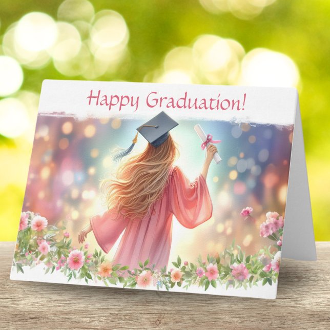 Happy Graduation Blonde Hair Girl With Flowers Card (Blooming success: She's flourished from roots to cap and gown!)