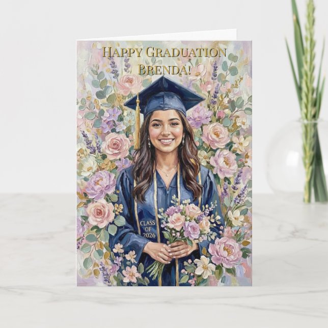 Happy Graduation Floral Girl Oil Painting Personal Card (Front)