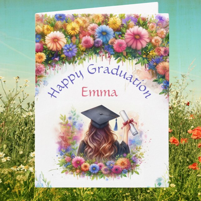 Happy Graduation Girl With Wildflowers Card (Wildly blooming success: From cap to gown, a floral graduation tale!)