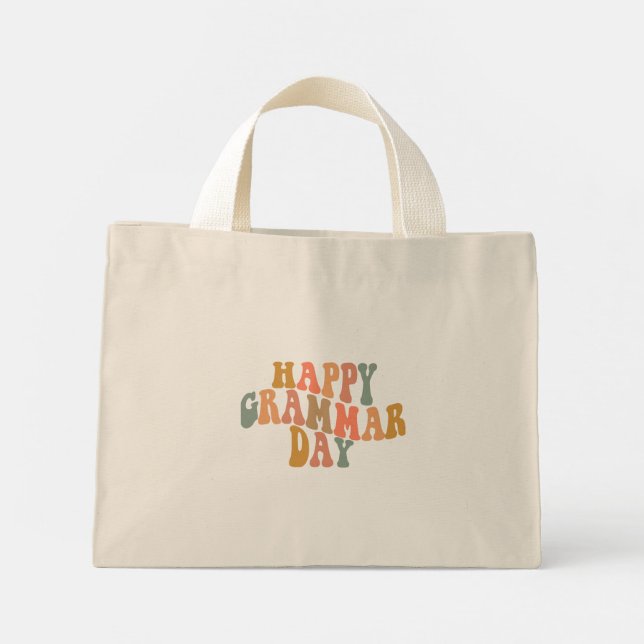 Happy Grammar Day Retro Wavy Mini Tote Bag (Back)
