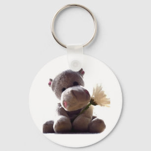Happy Gray Hippo with Daisy Drawing Photograph Key Ring