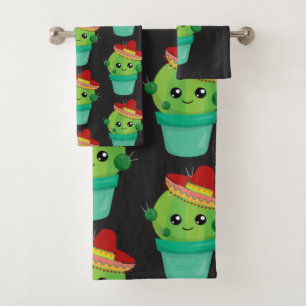 Happy Green Cactus in a Red Sombrero Pattern Bath Towel Set
