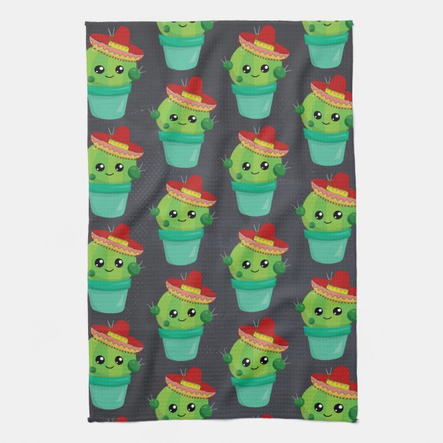 Happy Green Cactus in a Red Sombrero Pattern Tea Towel (Vertical)
