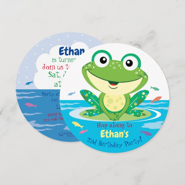 Happy Green Frog in Pond, 2nd Birthday Party Invitation (Front/Back)