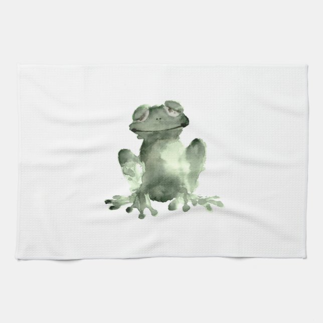 Happy green frog white kitchen towel frogs (Horizontal)