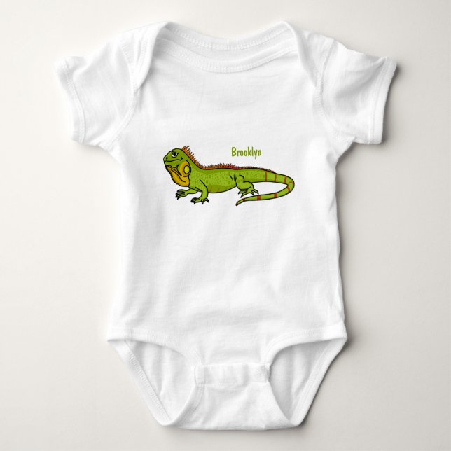Happy green iguana cartoon illustration baby bodysuit (Front)