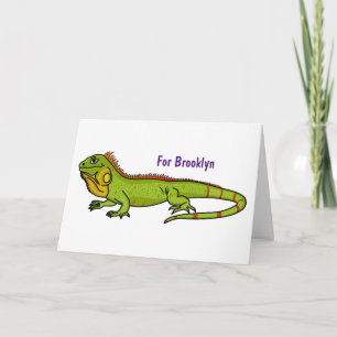 Happy green iguana cartoon illustration card