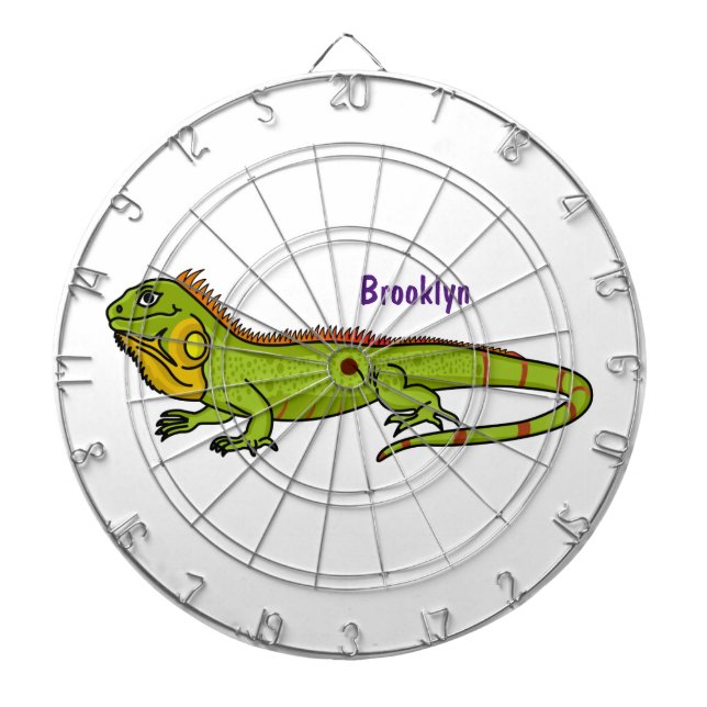 Happy green iguana cartoon illustration dartboard (Front)