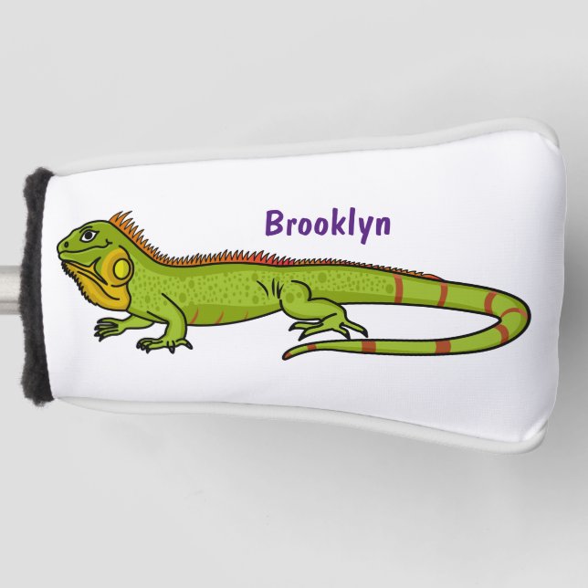 Happy green iguana cartoon illustration golf head cover (Front)