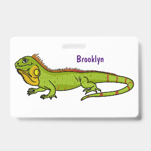Happy green iguana cartoon illustration ID badge