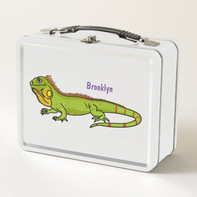 Happy green iguana cartoon illustration metal lunch box (Front)