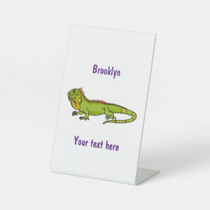 Happy green iguana cartoon illustration pedestal sign