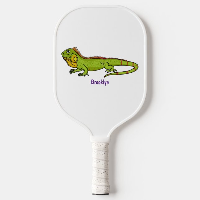Happy green iguana cartoon illustration  pickleball paddle (Front)