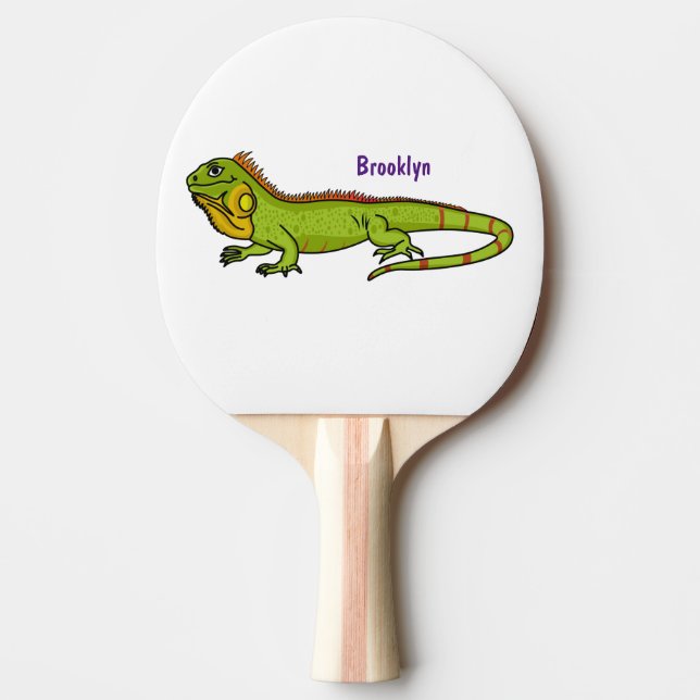 Happy green iguana cartoon illustration ping pong paddle (Front)