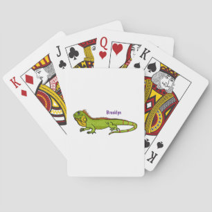 Happy green iguana cartoon illustration playing cards