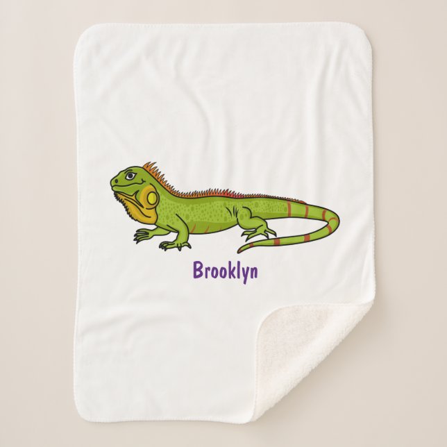 Happy green iguana cartoon illustration sherpa blanket (Front)