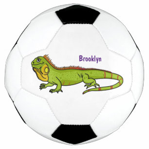 Happy green iguana cartoon illustration soccer ball