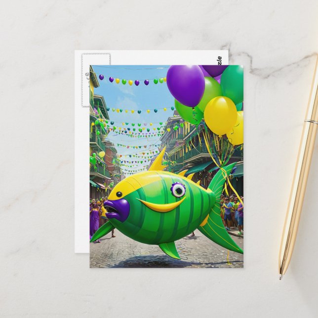 Happy Green Mardi Gras Fish Postcard (Front/Back In Situ)