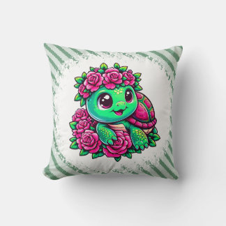 Happy Green Turtle with Pink Roses Cushion