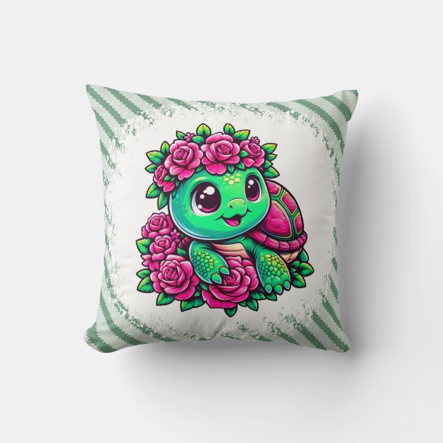 Happy Green Turtle with Pink Roses Cushion (Front)