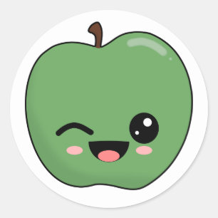 Happy Green Winking Apple Classic Round Sticker