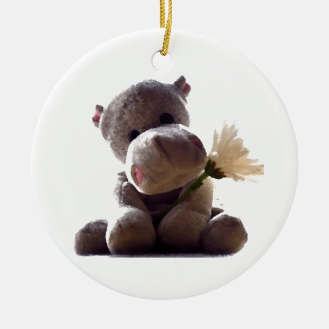Happy Grey Hippo Holding Daisy, Cute Love Photo Ceramic Ornament (Front)