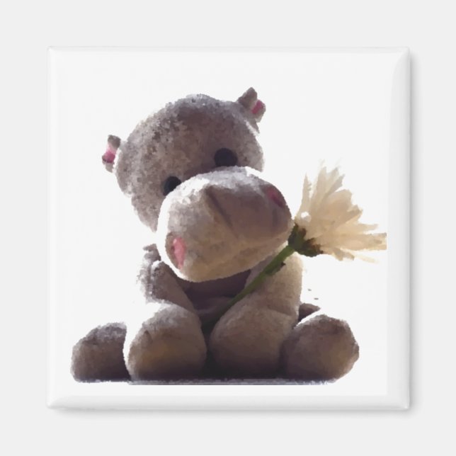 Happy Grey Hippo Holding Daisy, Cute Love Photo Magnet (Front)
