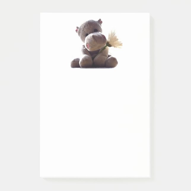 Happy Grey Hippo Holding Daisy, Cute Love Photo Post-it Notes (Front)