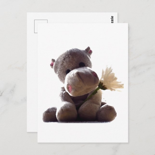 Happy Grey Hippo Holding Daisy, Cute Love Photo Postcard (Front/Back)