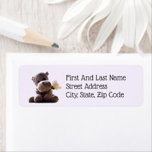 Happy Grey Hippo Holding Daisy, Cute Love Photo Return Address Label