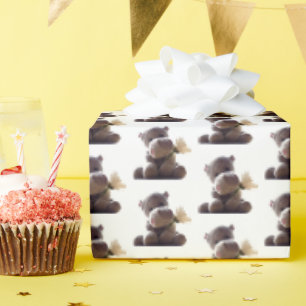 Happy Grey Hippo Holding Daisy, Cute Love Photo Wrapping Paper