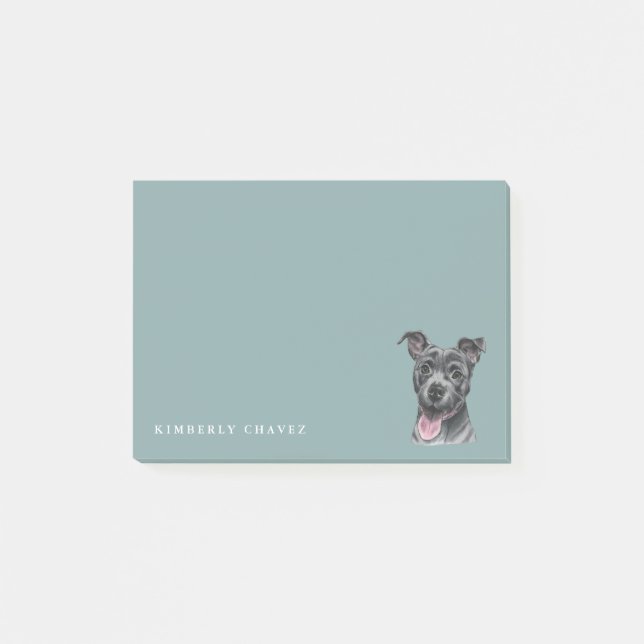 Happy Grey Pit Bull Dog Drawing | Add Your Name Post-it Notes (Front)