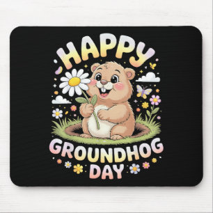 Happy Groundhog Day 2026 Cute Groundhog With Flowe Mouse Pad
