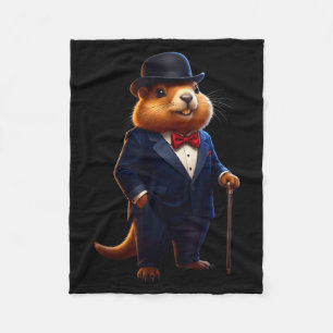 Happy Groundhog Day 2026 Groundhog Gentleman Hat Fleece Blanket