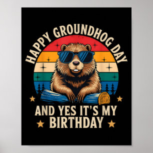 Happy Groundhog Day Birthday Funny Retro Sunset Vi Poster