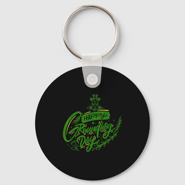 Happy Groundhog Day Calligraphy Groundhog Lovers  Key Ring (Front)