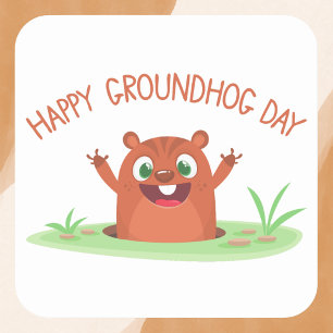 Happy Groundhog Day Cheerful Cartoon Square Sticker