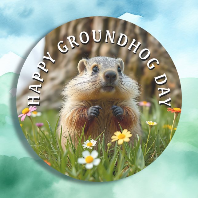 Happy Groundhog Day! Cute  Classic Round Sticker (Creator Uploaded)