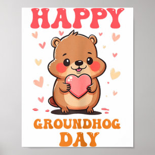 Happy Groundhog Day Cute Groovy Art Graphic Women Poster