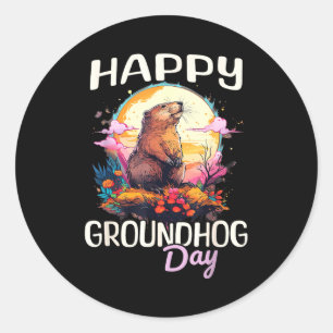 Happy Groundhog Day Cute Vintage Art Graphic Women Classic Round Sticker