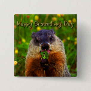 Happy Groundhog Day Eating Flower 15 Cm Square Badge