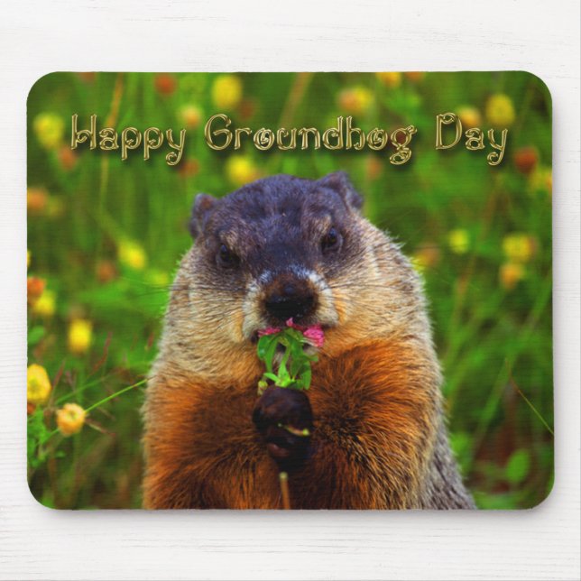 Happy Groundhog Day Eating Flower Mouse Pad (Front)