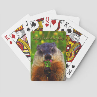 Happy Groundhog Day Eating Flower Playing Cards