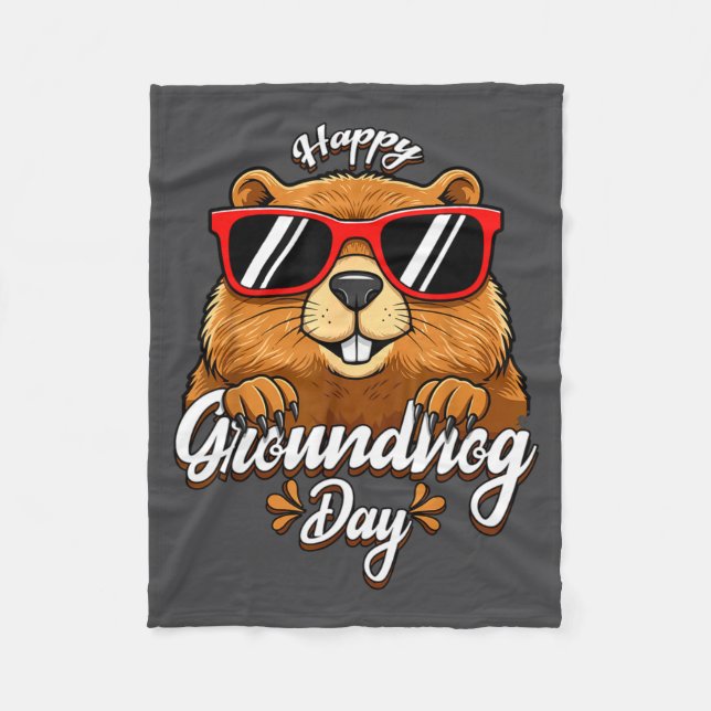 Happy Groundhog Day Funny Groundhog Sungles Cute K Fleece Blanket (Front)