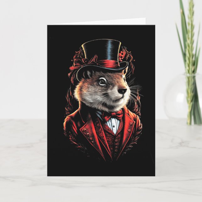 Happy Groundhog Day Ground Hog In Suit And Hat Ani Card (Front)