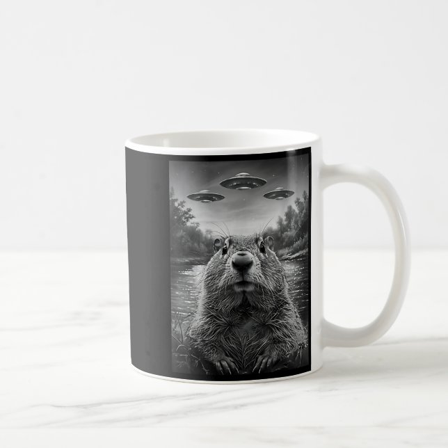Happy Groundhog Day Groundhog Selfie With Ufos Fun Coffee Mug (Right)