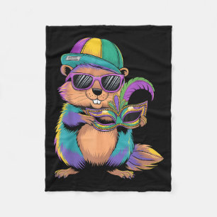 Happy Groundhog Day Groundhog With Mardi Gras Mask Fleece Blanket