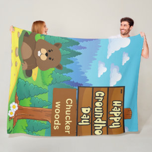 happy groundhog day in woods  fleece blanket