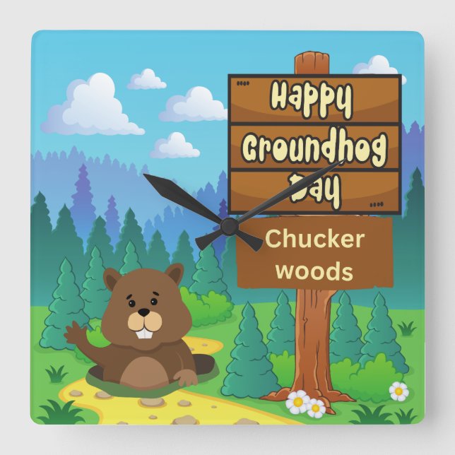 happy groundhog day in woods  square wall clock (Front)