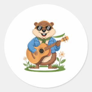 Happy Groundhog Day Playing Guitar Funny Animal Lo Classic Round Sticker